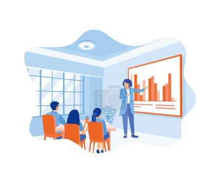Illustration for The female manager is holding a presentation with the business team. Analyzing financial charts on the projector screen. Business analysis concept. Flat vector illustration. - Royalty Free Image