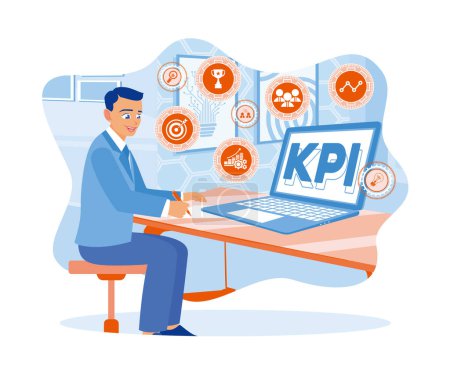 Illustration for Businessman creating business and technology concepts using laptop and notes in the office. Smart KPI concept. flat vector modern illustration - Royalty Free Image