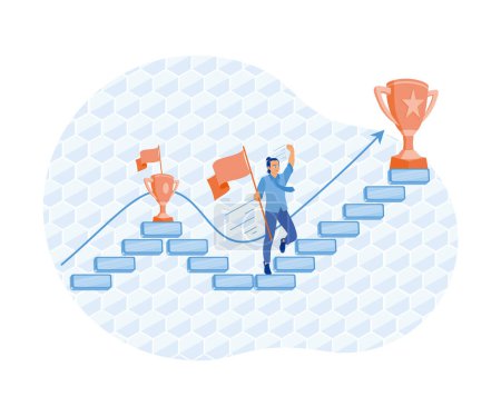 Illustration for Businessman climbing stairs carrying the flag. Motivation to achieve new goals. Success Business concept. Flat vector illustration. - Royalty Free Image