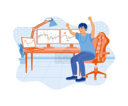 A stockbroker with a happy face raises their hand. Celebrating successful stock trading on the computer. Stock Trading concept. flat vector modern illustration