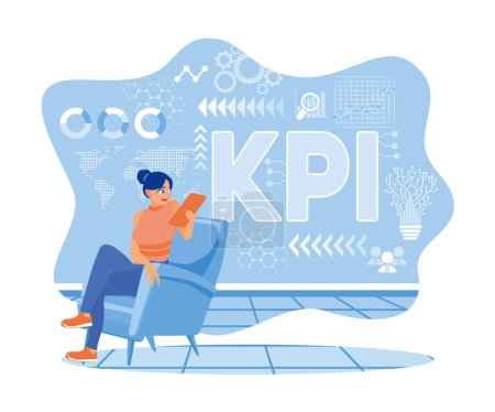 Illustration for Young woman using digital tablet. Sitting on a chair with a KPI background. Smart KPI concept. flat vector modern illustration - Royalty Free Image
