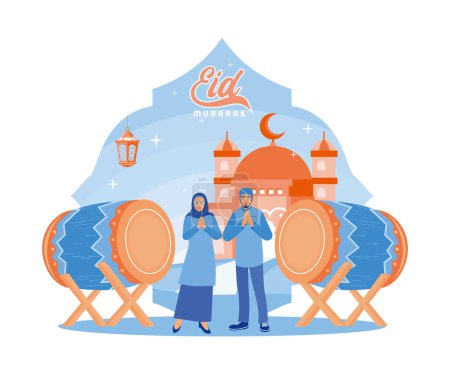 Illustration for Husband and wife wish you a happy Eid al Fitr. Standing in front of the mosque with drums and lanterns. Happy Eid Mubarak concept. flat vector modern illustration - Royalty Free Image