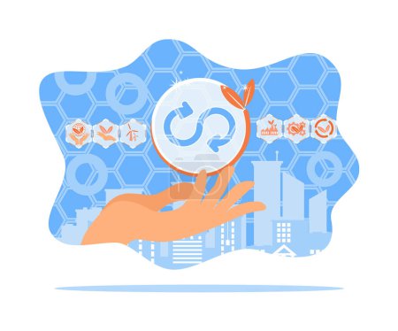 Hand-holding circular economy icon. Efforts to minimize waste and pollution for business growth. Sustainable economic growth with renewable energy and natural resources concept.Flat vector illustration.