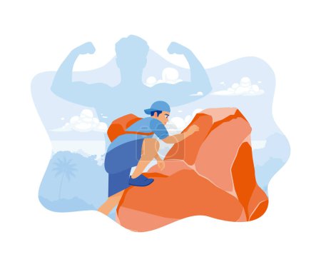 Illustration for A strong man with a bag on his back climbs a cliff. Self-development, success, and life goals. Self-improvement concept. flat vector modern illustration - Royalty Free Image