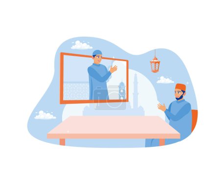 Illustration for Man making a video call with a friend. Forgive each other online. Happy Eid Mubarak concept. flat vector modern illustration - Royalty Free Image