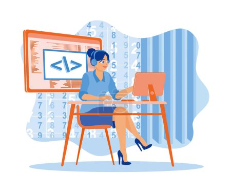 Illustration for Young woman working at the computer while listening to music. Women working in modern offices. Software developers concept. Flat vector illustration. - Royalty Free Image