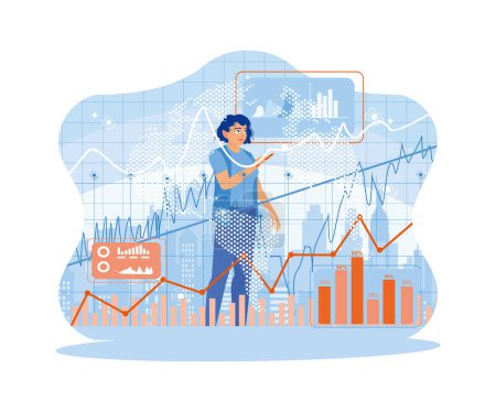 Illustration for Young woman using stock market trading chart chart on screen. Stock market change screen and business bar chart. Finance and innovation concept. trend flat vector modern illustration - Royalty Free Image
