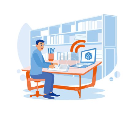Illustration for Male student sitting and doing homework with a laptop, opening copybook, and computer. Students in the learning process. flat vector modern illustration - Royalty Free Image