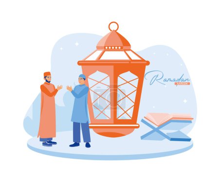 Illustration for Two Muslim men greet each other, standing next to a lantern. Muslims read the Quran together. Ramadan Kareem and Ramadan Mubarak greeting design concept. flat vector modern illustration - Royalty Free Image