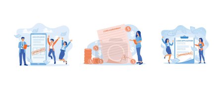 Illustration for Bank officer holding loan agreement document. Sign the loan agreement. A happy woman with a loan approval application. Approved Loan concept. Set flat vector illustration. - Royalty Free Image