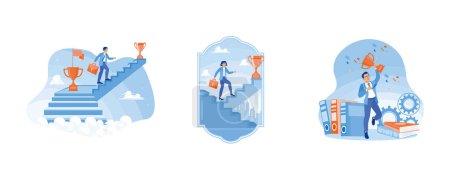 Businessman climbs the ladder to achieve success. Motivation to achieve success. Celebrates success by holding the trophy. Success Business concept. Set flat vector illustration.