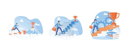 Illustration for Creating a business for success. The man is walking up the stairs to get the trophy. Motivation to achieve success. Success Business concept. Set flat vector illustration. - Royalty Free Image