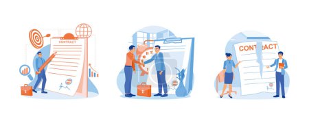 Businessman signs contract papers. Shake hands after making a mutual agreement. Tear up signed contract documents. Contract agreement concept. Set flat vector illustration.