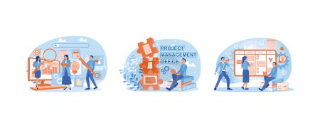 Illustration for Teamwork communication process. Project management and development. Create teamwork concepts on online kanban boards. Project management concept. Set flat vector illustration. - Royalty Free Image