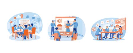 Coworkers meeting in the boardroom. Career promotion towards success. Discuss business strategies to achieve targets. Business Meeting concept. Set flat vector illustration.