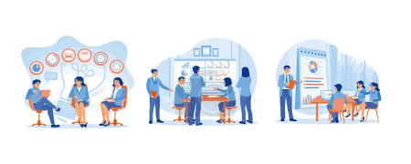 Illustration for Meeting between manager and business team. Create and discuss teamwork concepts. Discuss and exchange ideas with each other. Business Meeting concept. Set flat vector illustration. - Royalty Free Image