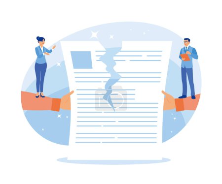 Two businessmen tore up and canceled a signed business contract. Contract agreement concept. Flat vector illustration.