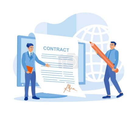Téléchargez les illustrations : Les gens d'affaires et les partenaires d'affaires signent des contrats en ligne sur l'ordinateur. Concept d'accord contractuel. Illustration vectorielle plate. - en licence libre de droit