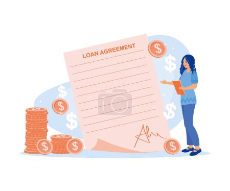 Femme détenant un contrat de prêt de la banque. Signez l'accord de prêt. Concept de prêt approuvé. Illustration vectorielle plate.