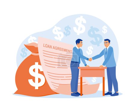 Businessman borrows money from banks. Shake hands after signing a loan agreement. Approved Loan concept. Flat vector illustration.