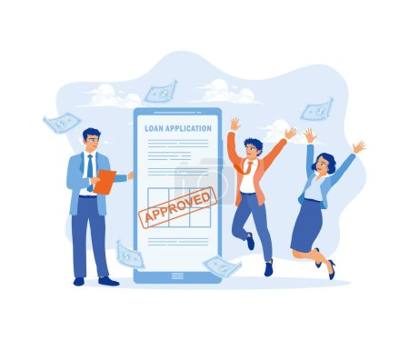 Illustration for Bank officer holding loan agreement document. People jump after a loan application is approved. Approved Loan concept. Flat vector illustration. - Royalty Free Image