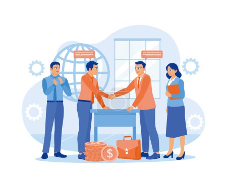 Illustration for Business people and business partners shake hands on the table after making a deal. Global business cooperation. Contract agreement concept. Flat vector illustration. - Royalty Free Image