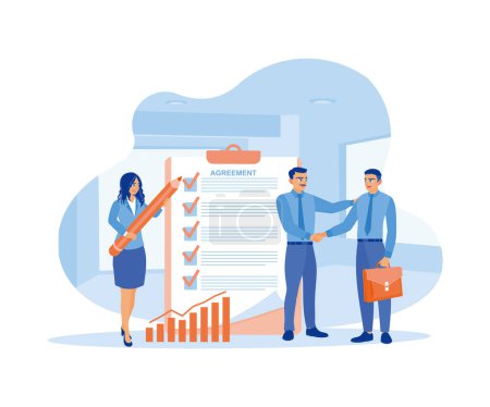 Female assistant checks agreement. The businessman and colleague are shaking hands after signing the agreement. Contract agreement concept. Flat vector illustration.