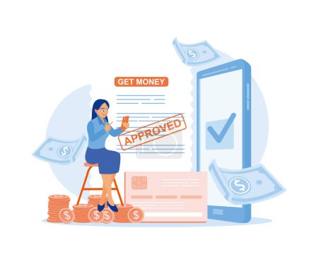 Illustration for Women use online banking services on mobile phones. Get a money loan via a smartphone application. Approved Loan concept. Flat vector illustration. - Royalty Free Image
