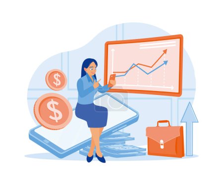 Illustration for Business women using mobile phones analyze the stock market. Investing money in the stock market. Investment concept. Flat vector illustration. - Royalty Free Image
