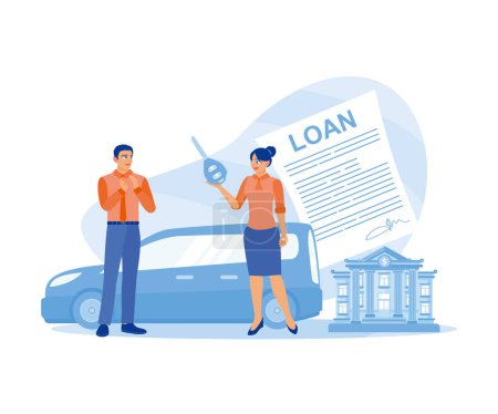 Illustration for Man buys a car with money borrowed from the bank. Car credit. Approved Loan concept. Flat vector illustration. - Royalty Free Image