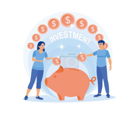 Illustration for Man and woman put coins in pig's piggy bank. The concept of saving for the future. Investment concept. Flat vector illustration. - Royalty Free Image