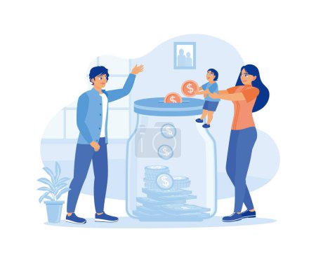 Illustration for Frugal vector illustration. Both parents teach their children to save and manage their finances. Saving Money concept. Flat vector illustration. - Royalty Free Image