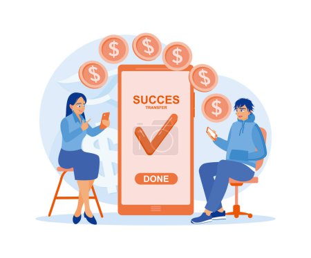 Illustration for Banking vector illustration. A woman transfers money, makes digital transactions, and makes successful transactions. Online banking service system. Financial Transactions concept. Flat vector illustration. - Royalty Free Image