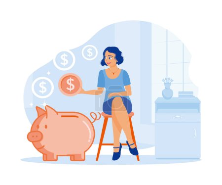 Illustration for Financial management vector illustration. A woman sits on a bench, putting coins into a piggy bank. Saving Money concept. Flat vector illustration. - Royalty Free Image