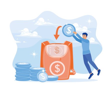 Illustration for Financial management vector illustration. Men put coins into big bags. Daily expense management. Saving Money concept. Flat vector illustration. - Royalty Free Image