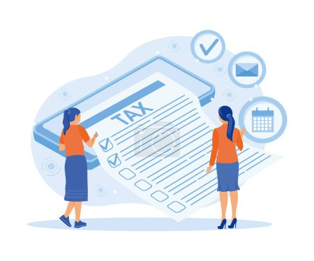Online tax collection vector illustration. A businesswoman accompanied by a financial advisor checks virtual tax documents. Tax payment deadline. Tax Audit concept. Flat vector illustration.