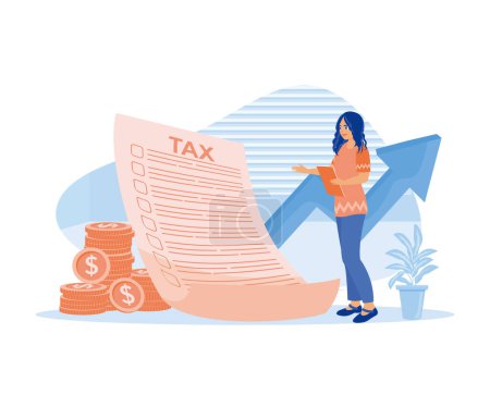Illustration for Tax inspection vector illustration. A woman stands in front of tax documents, checking taxable income. Tax payment preparation. Tax Audit concept. Flat vector illustration. - Royalty Free Image