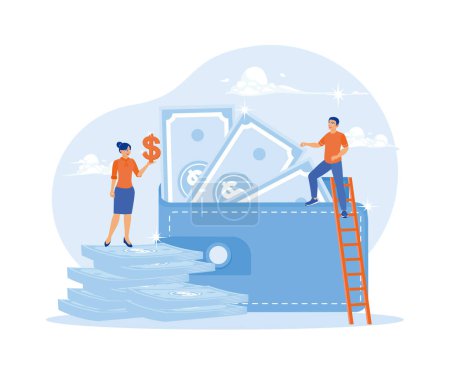 Illustration for Vector illustration of saving money. Man and woman counting money in big wallets. Financial management. Saving Money concept. Flat vector illustration. - Royalty Free Image