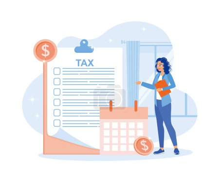 Illustration for Tax audit vector illustration. The businesswoman is checking the tax payment date. Tax payment preparation. Fiscal year. Tax Audit concept. Flat vector illustration. - Royalty Free Image