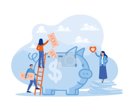 Illustration for Frugality concept vector illustration. Man and woman put money into a piggy bank. Savings, managing financial income and expenses. Saving Money concept. Flat vector illustration. - Royalty Free Image