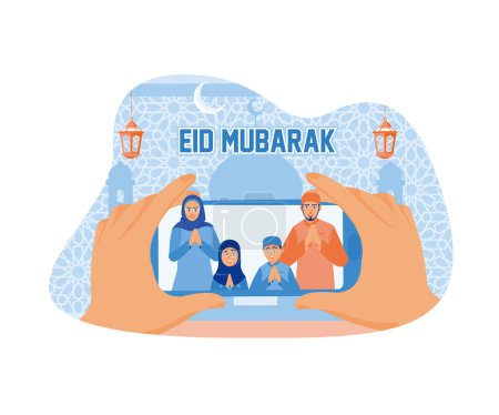 Ilustración de Las familias musulmanas celebran el Eid al-Fitr durante la pandemia. Te deseo Eid al-Fitr con una videollamada en tu celular. Feliz concepto de Eid Mubarak. Ilustración vectorial plana. - Imagen libre de derechos