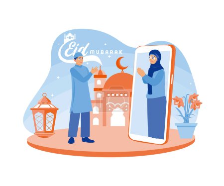 Ilustración de Hombres y mujeres musulmanes celebran el Eid a través de videollamadas durante la pandemia. Perdónense mutuamente durante el Eid. Feliz concepto de Eid Mubarak. Ilustración vectorial plana. - Imagen libre de derechos