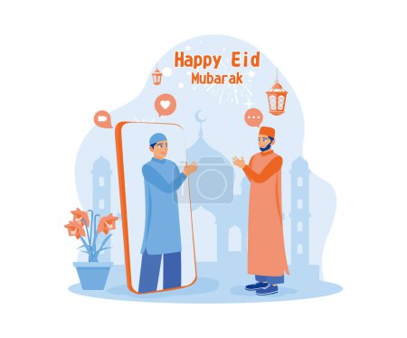 Illustration for Two Muslim men forgive each other via video call. Celebrating Eid al-Fitr during the pandemic. Happy Eid Mubarak concept. Flat vector illustration. - Royalty Free Image