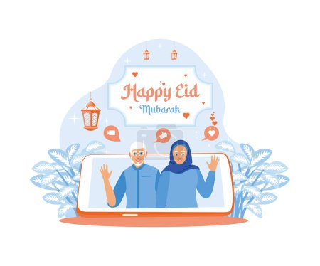 Ilustración de Celebra a Eid al-Fitr en casa. Abuelos pareja haciendo videollamadas con la familia. Feliz concepto de Eid Mubarak. Ilustración vectorial plana. - Imagen libre de derechos