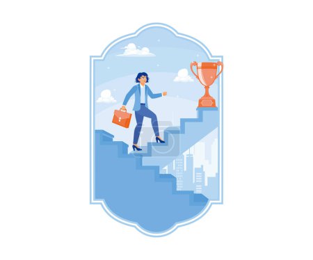 Illustration for A businesswoman is climbing the stairs to the trophy at the top. Motivation to achieve success. Success Business concept. Flat vector illustration. - Royalty Free Image