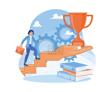 Businesswoman climbing stairs with hand holding trophy. Motivation to achieve success. Success Business concept. Flat vector illustration.