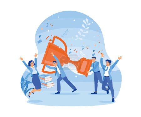 Business team celebrating success. Dancing and holding trophies under confetti. Successful Business Team concept. Flat vector illustration.