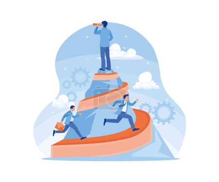 Illustration for Business people are running towards success. A successful businessman is standing on top of a mountain looking with binoculars. Successful Business Team concept. Flat vector illustration. - Royalty Free Image