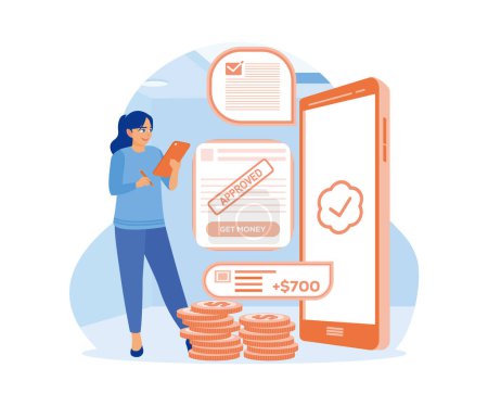 Illustration for Woman accessing online banking service application on a mobile phone. Borrow money online. Approved Loan concept. Flat vector illustration. - Royalty Free Image