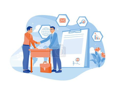 Two business people are signing an agreement contract on the table. Shake hands after making a mutual agreement. Contract agreement concept. Flat vector illustration.